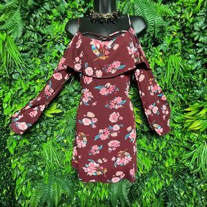 BLACK‎ PINK Women Dress Medium Wine Red Cold Shoulder Floral Print Flare  1195